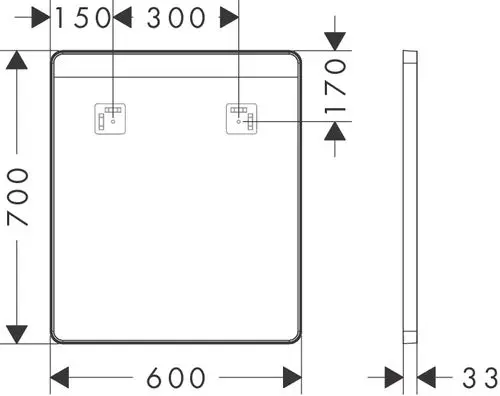 Spiegel mit quadratischer Form und LED-Beleuchtung an der Oberkante, Wandmontage mit zwei Halterungen. Produkt von Hansgrohe.